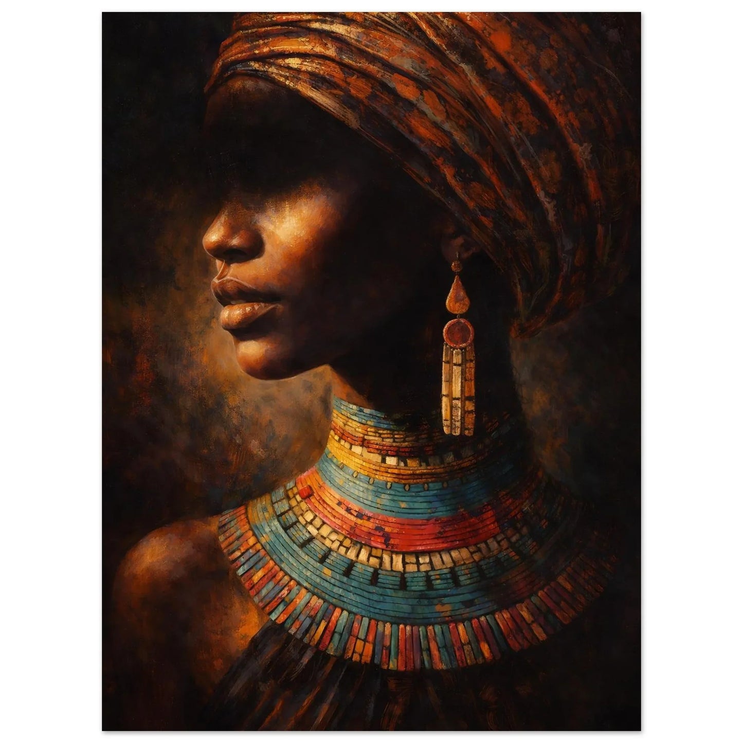 African portrait poster showing the profile, beaded necklaces and gold earring against a dark background