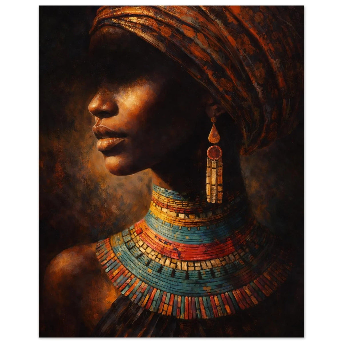 Warm tone African portrait poster with the headwrap and colourful beadwork