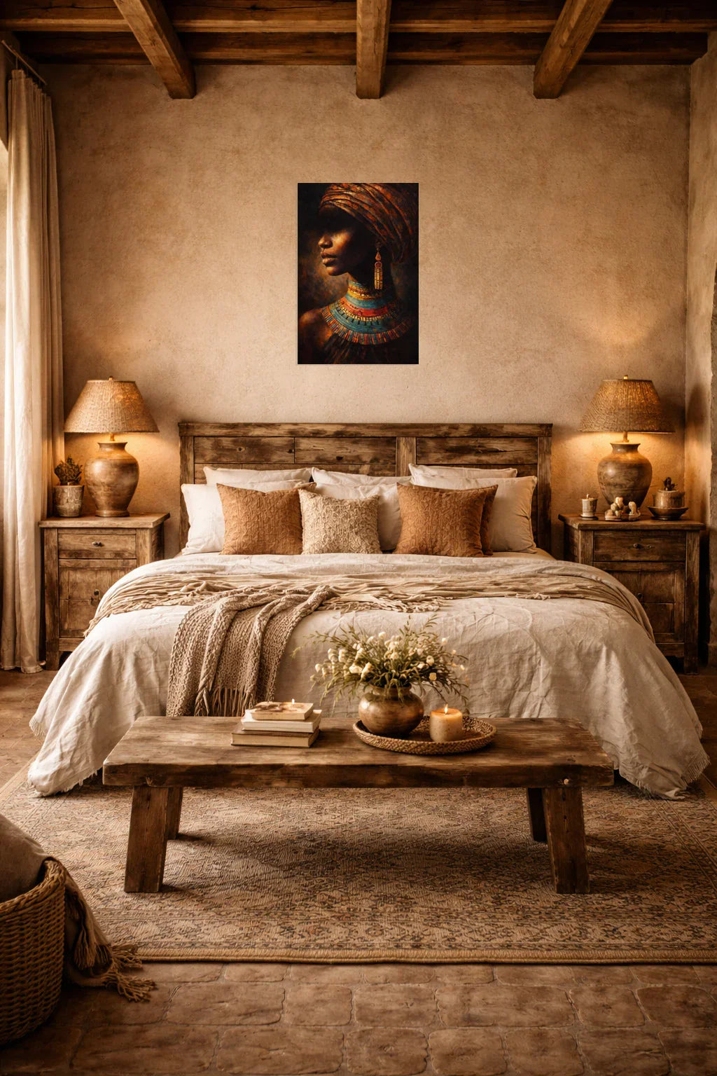 Afro Beauty African portrait poster displayed above the bed in a rustic bedroom