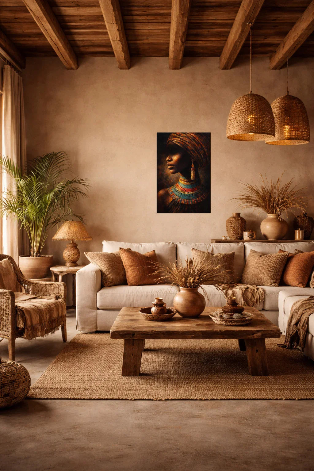 Afro Beauty African portrait poster displayed on the wall of a rustic living room