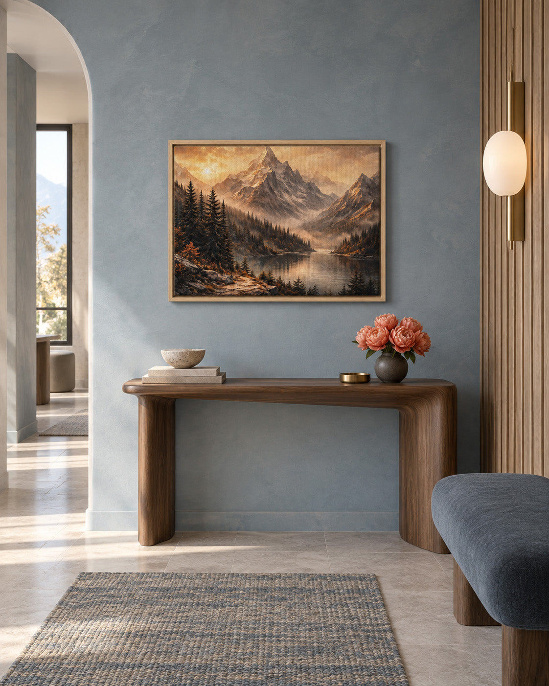 Alpine mountain landscape with pine forest and lake displayed in a modern entryway