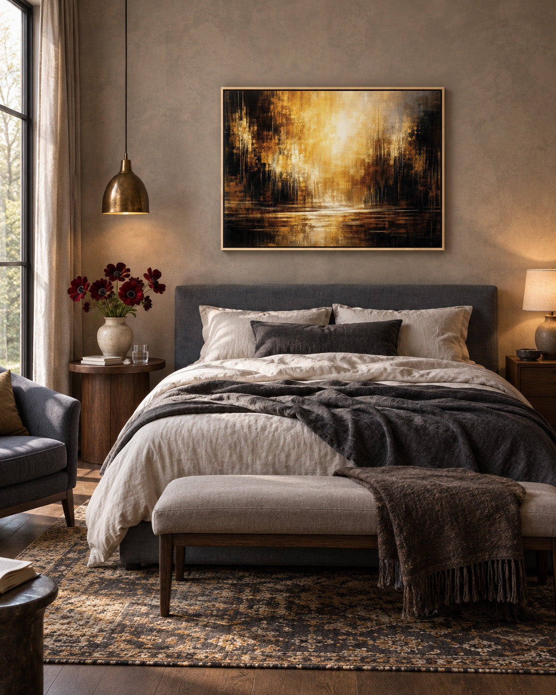 Amber Stillness abstract framed canvas displayed above a bed in a modern bedroom