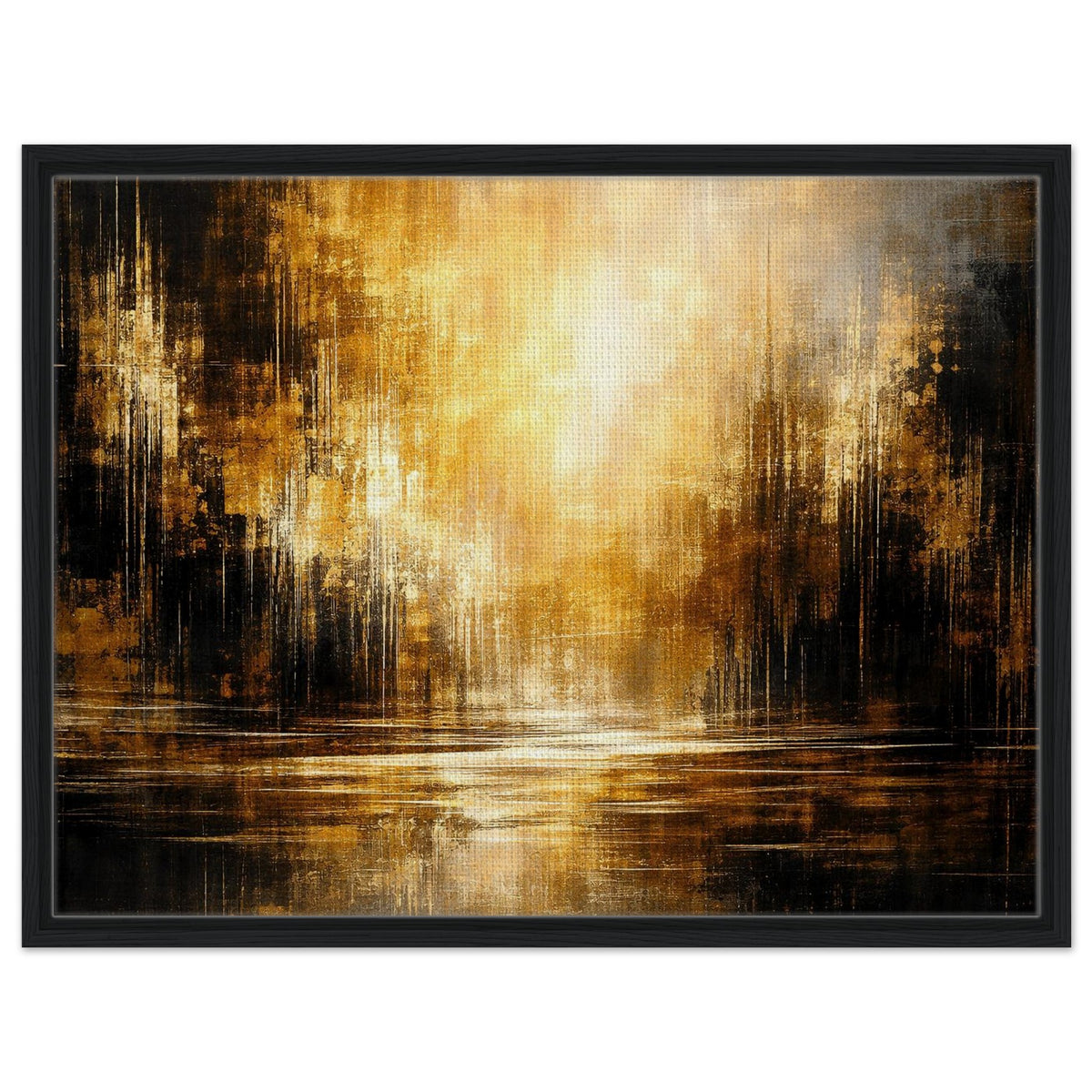 Amber Stillness golden abstract landscape framed canvas in a black frame