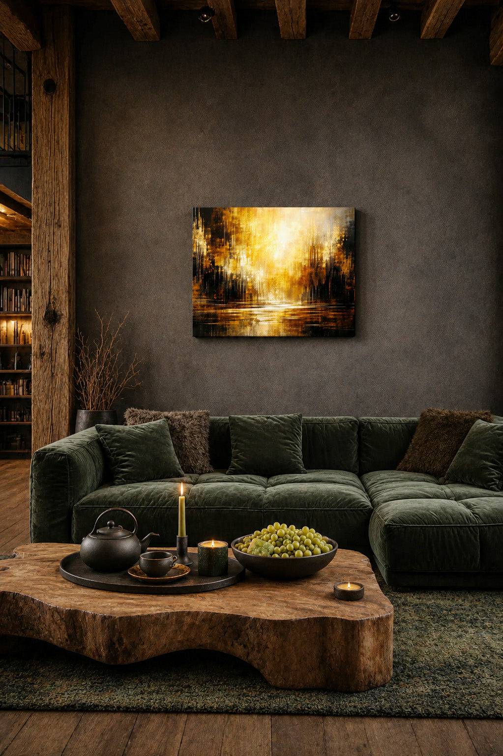 Dark modern living room featuring a green velvet sectional, natural wood coffee table and glowing golden abstract canvas wall art on a charcoal accent wall.