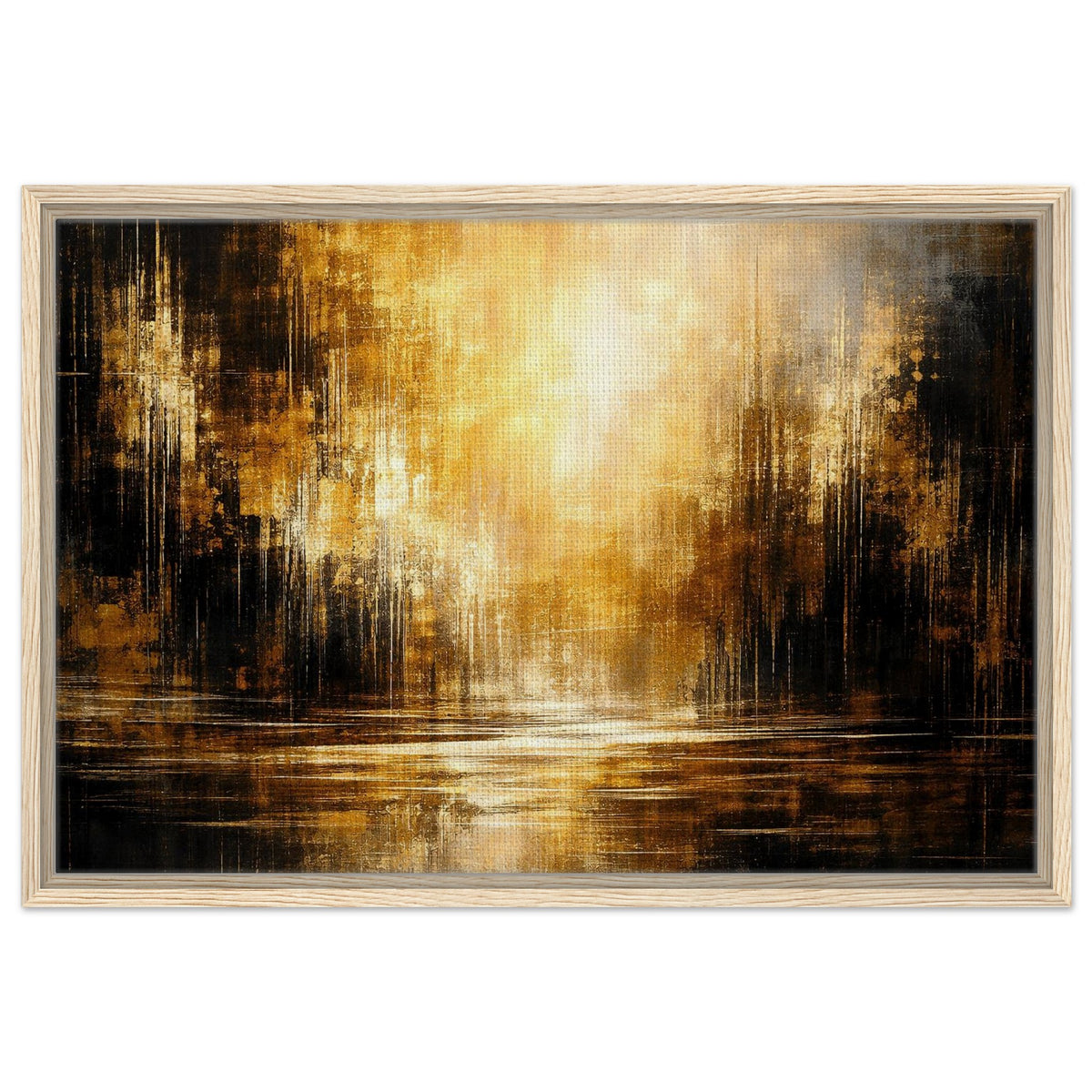 Amber Stillness golden abstract landscape framed canvas in a dark wood frame