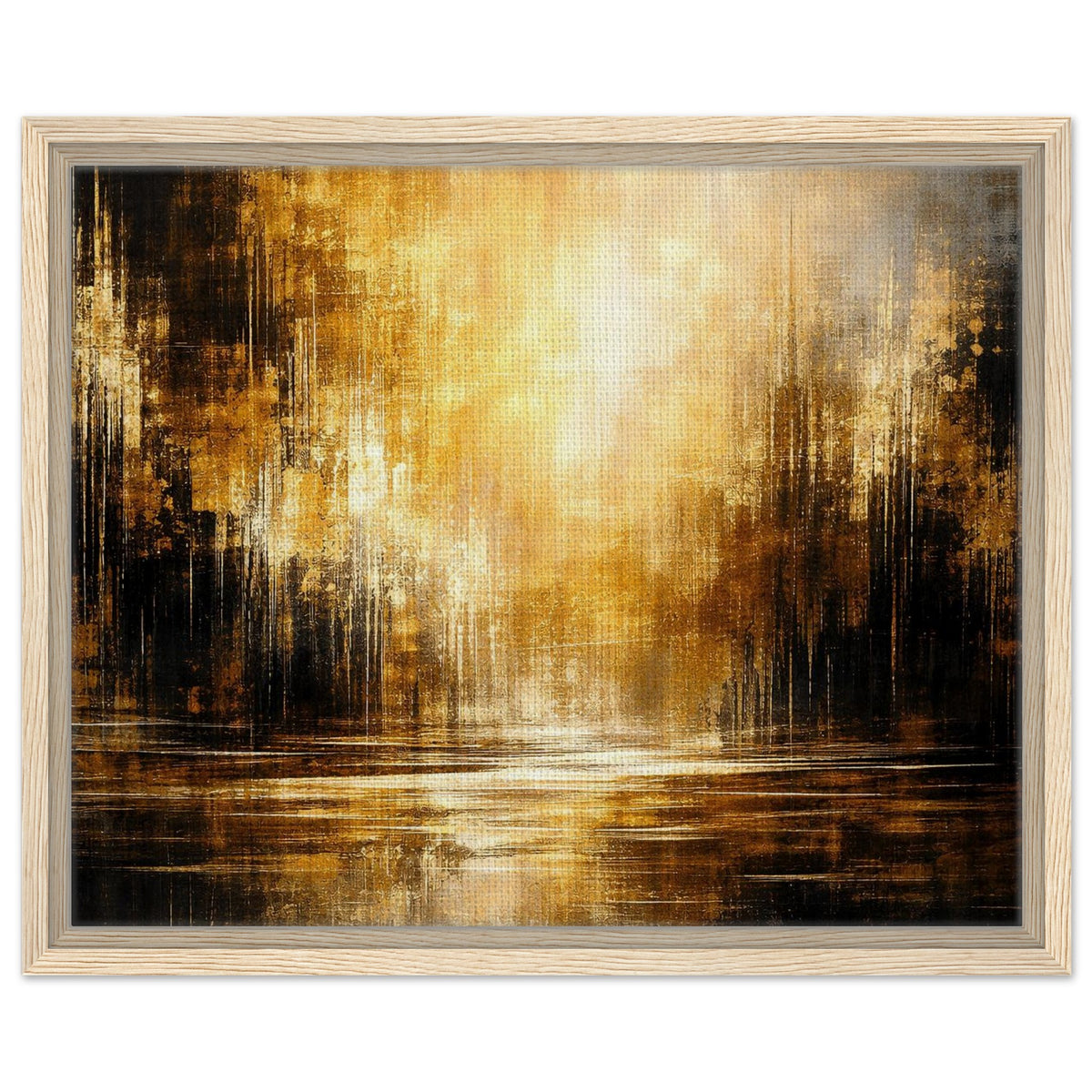 Amber Stillness abstract framed canvas wall art in a dark wood frame
