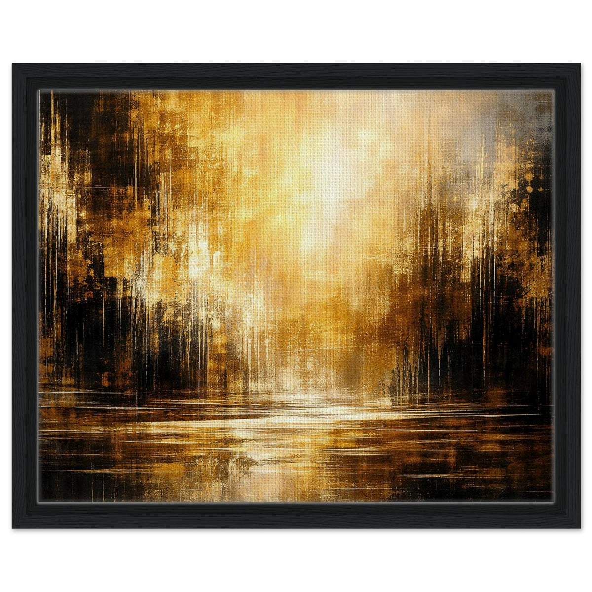 Amber Stillness abstract framed canvas wall art in a dark wood frame