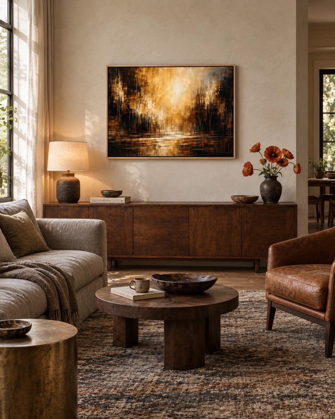 Amber Stillness abstract framed canvas displayed in an elegant modern dining room