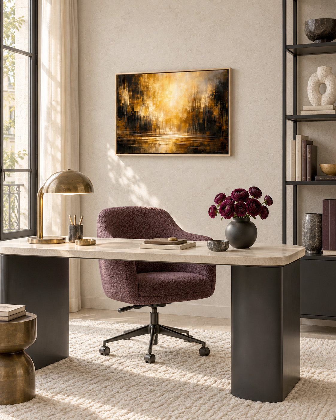 Amber Stillness abstract framed canvas displayed in a modern home office
