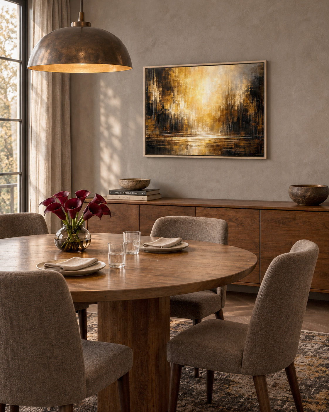 Amber Stillness abstract framed canvas displayed in a warm modern living room