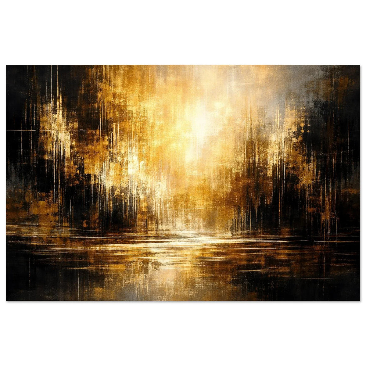 Amber Stillness modern abstract wall art poster with a golden light burst reflected across dark bronze and charcoal vertical streaks.