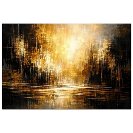 Amber Stillness modern abstract wall art poster with a golden light burst reflected across dark bronze and charcoal vertical streaks.