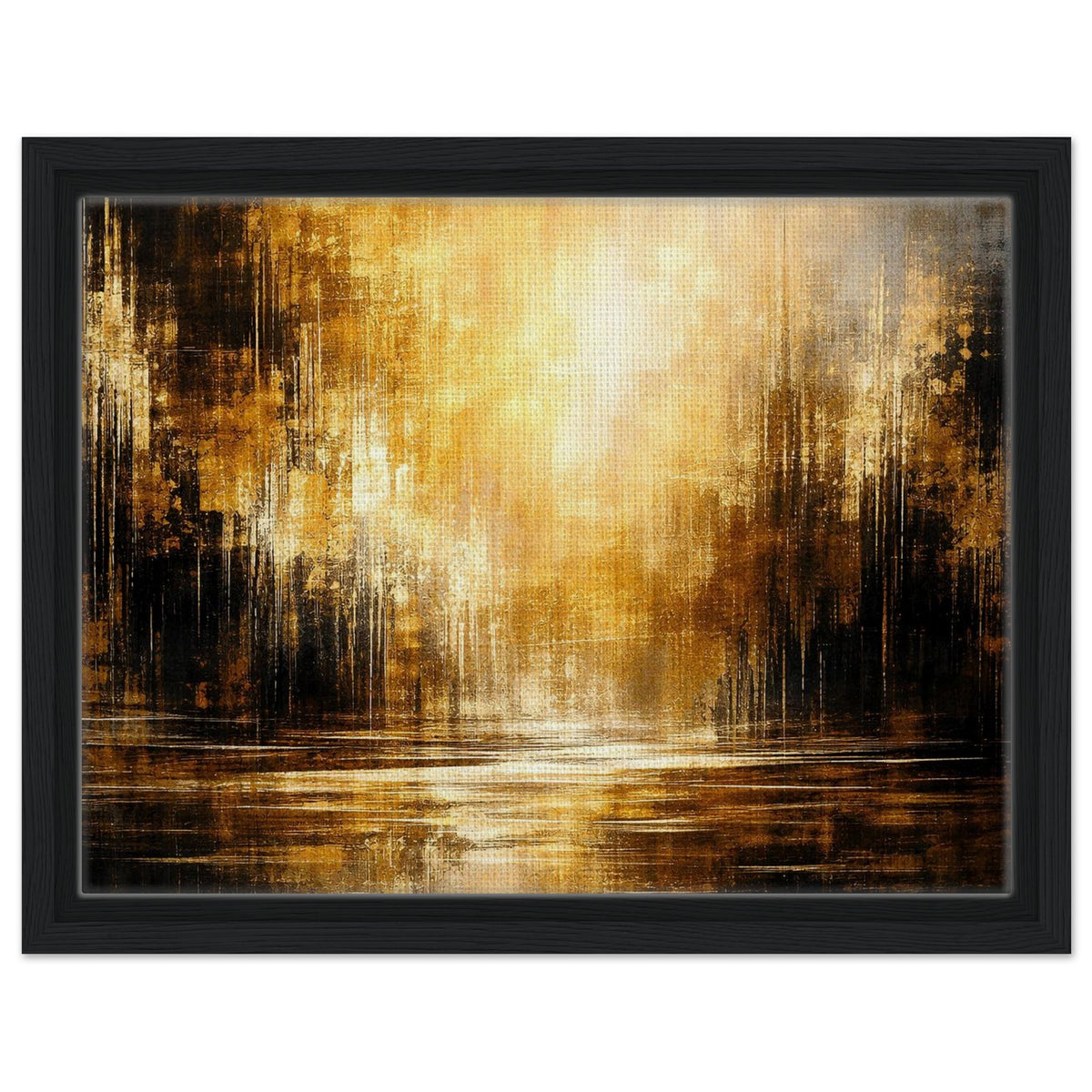 Amber Stillness golden abstract landscape framed canvas in a natural wood frame