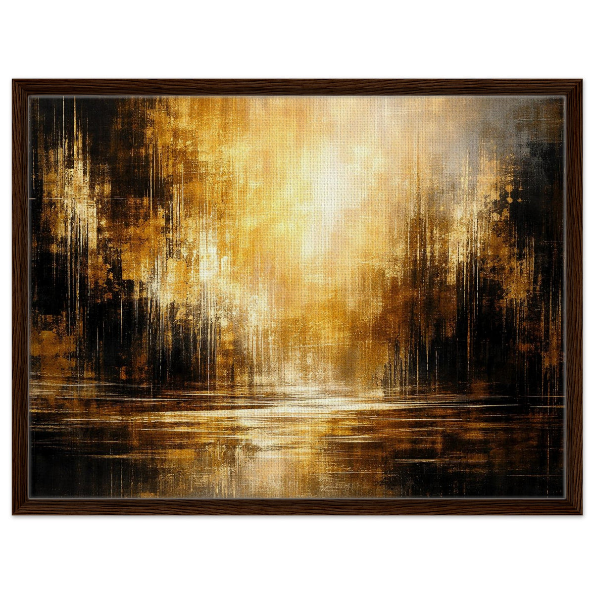 Amber Stillness abstract framed canvas wall art in a natural wood frame