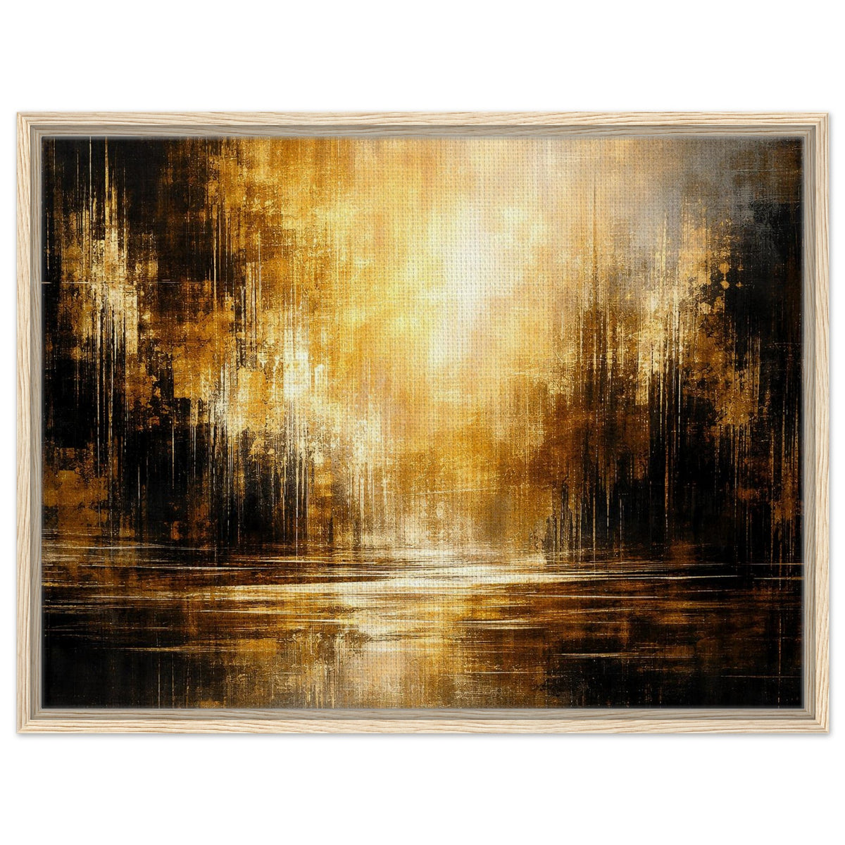 Amber Stillness abstract framed canvas wall art in a natural wood frame