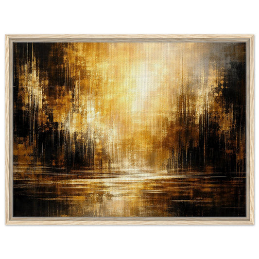 Amber Stillness abstract framed canvas wall art in a natural wood frame