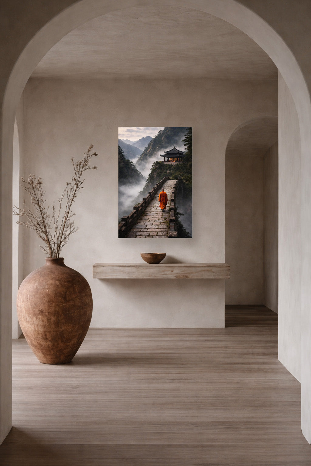 Minimal arched japandi interior with ceramic vase and mountain path wall art poster in light oak frame.