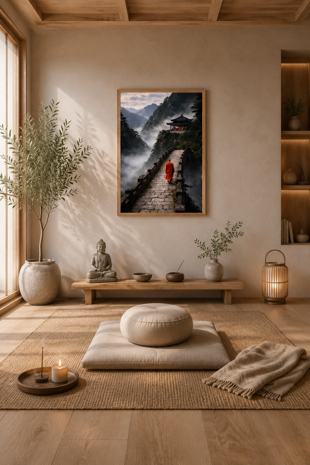 Light wood framed meditation wall art poster in a modern arched interior with neutral tones, ceramic decor and minimalist styling.