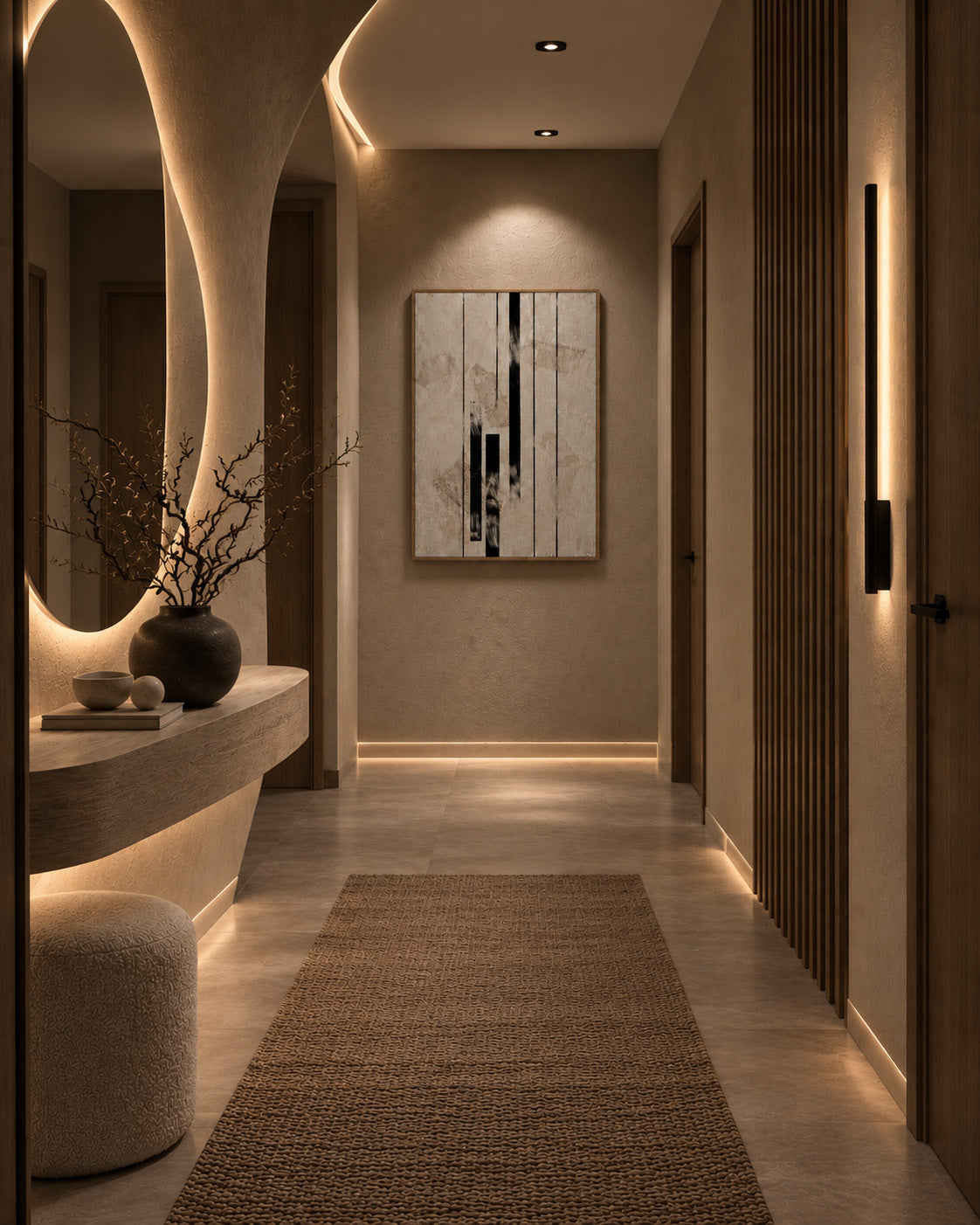 Architectural abstract artwork displayed in a sophisticated neutral hallway