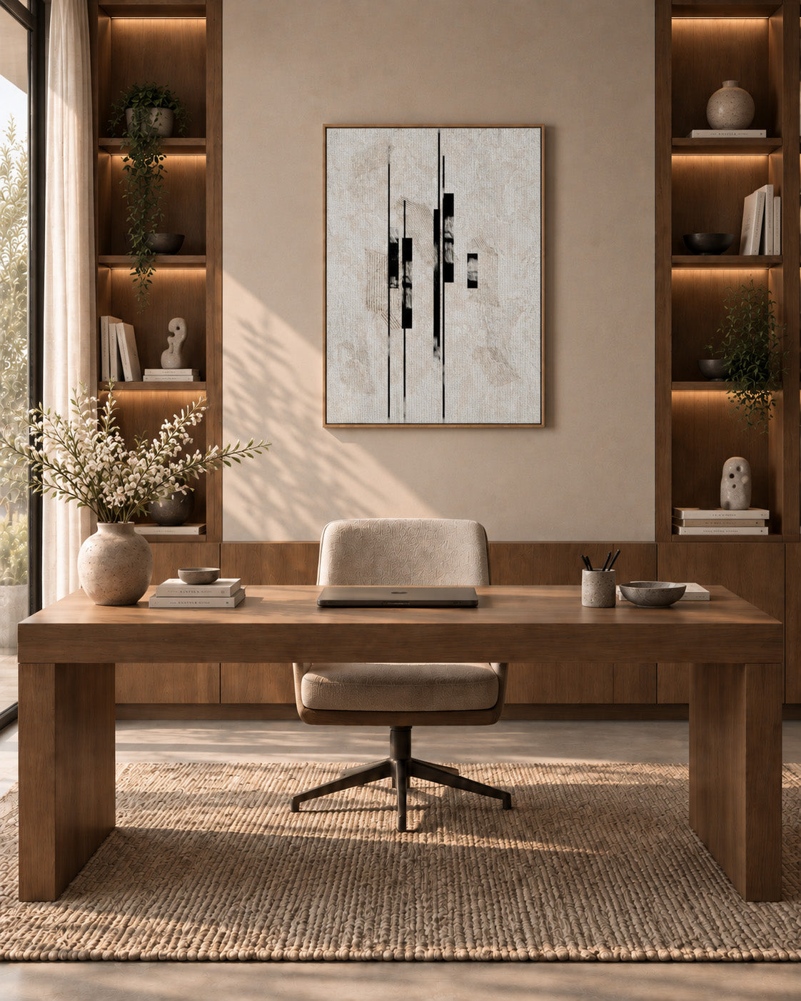 Architectural abstract artwork styled above a desk in a contemporary home office
