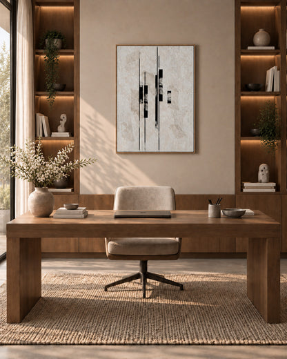 Architectural abstract artwork styled above a desk in a contemporary home office