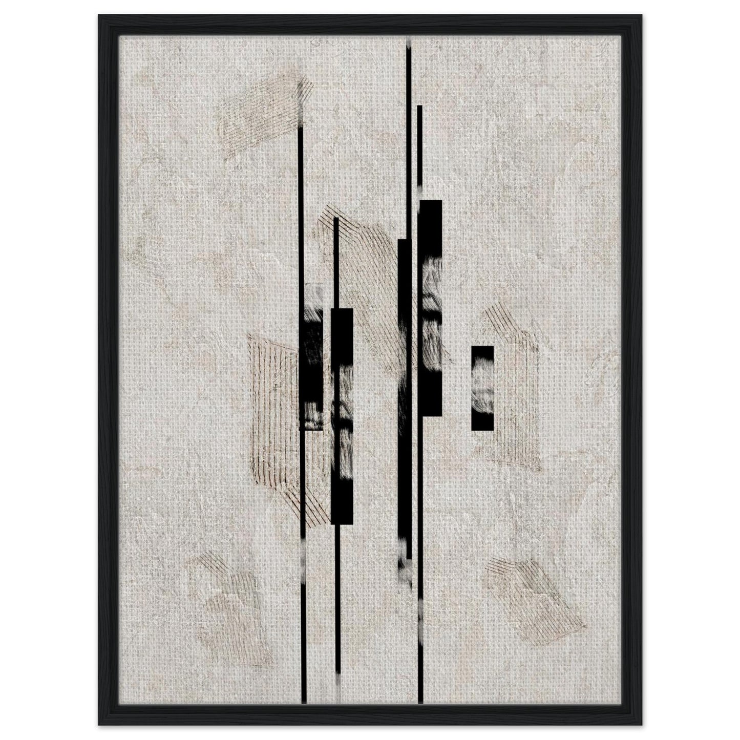 Architectural black and neutral abstract artwork with vertical geometric details