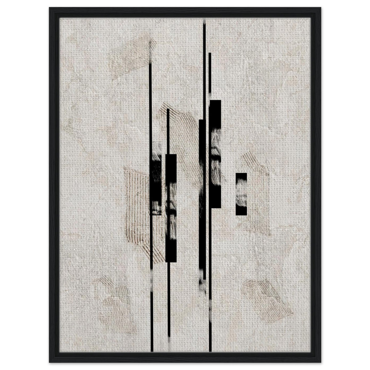 Architectural black and neutral abstract artwork with vertical geometric details