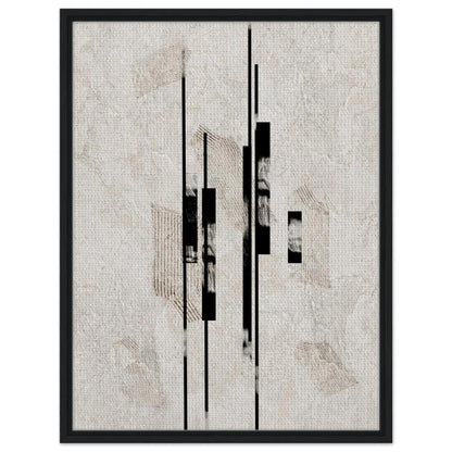 Architectural black and neutral abstract artwork with vertical geometric details
