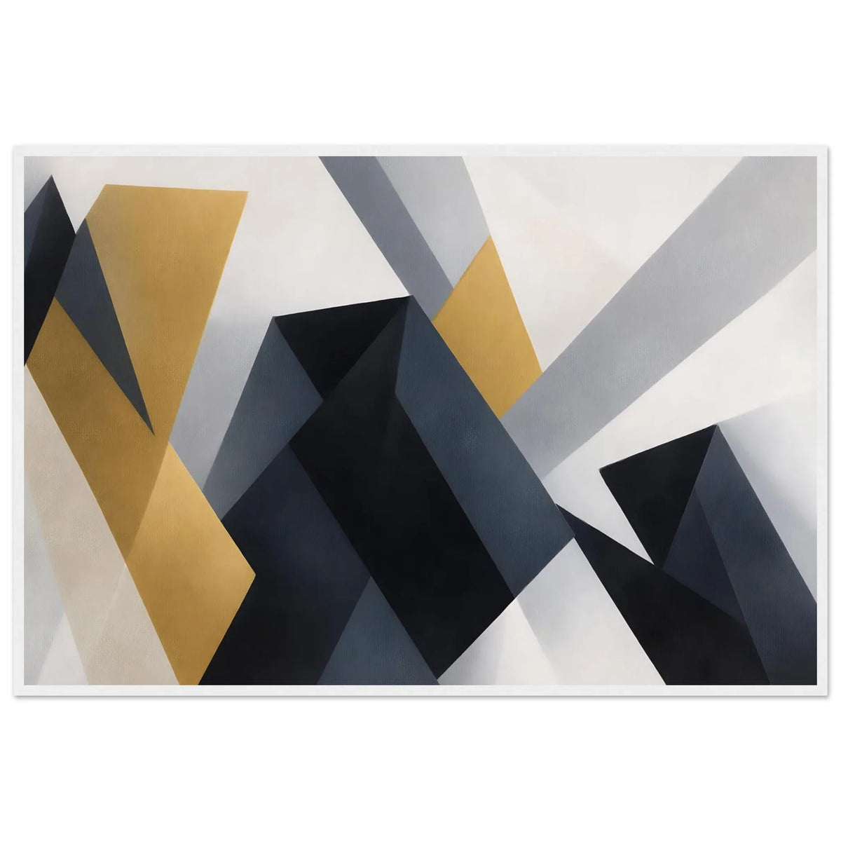 Architectural Forms geometric framed wall art with gold, charcoal and grey angular planes in a white wooden frame