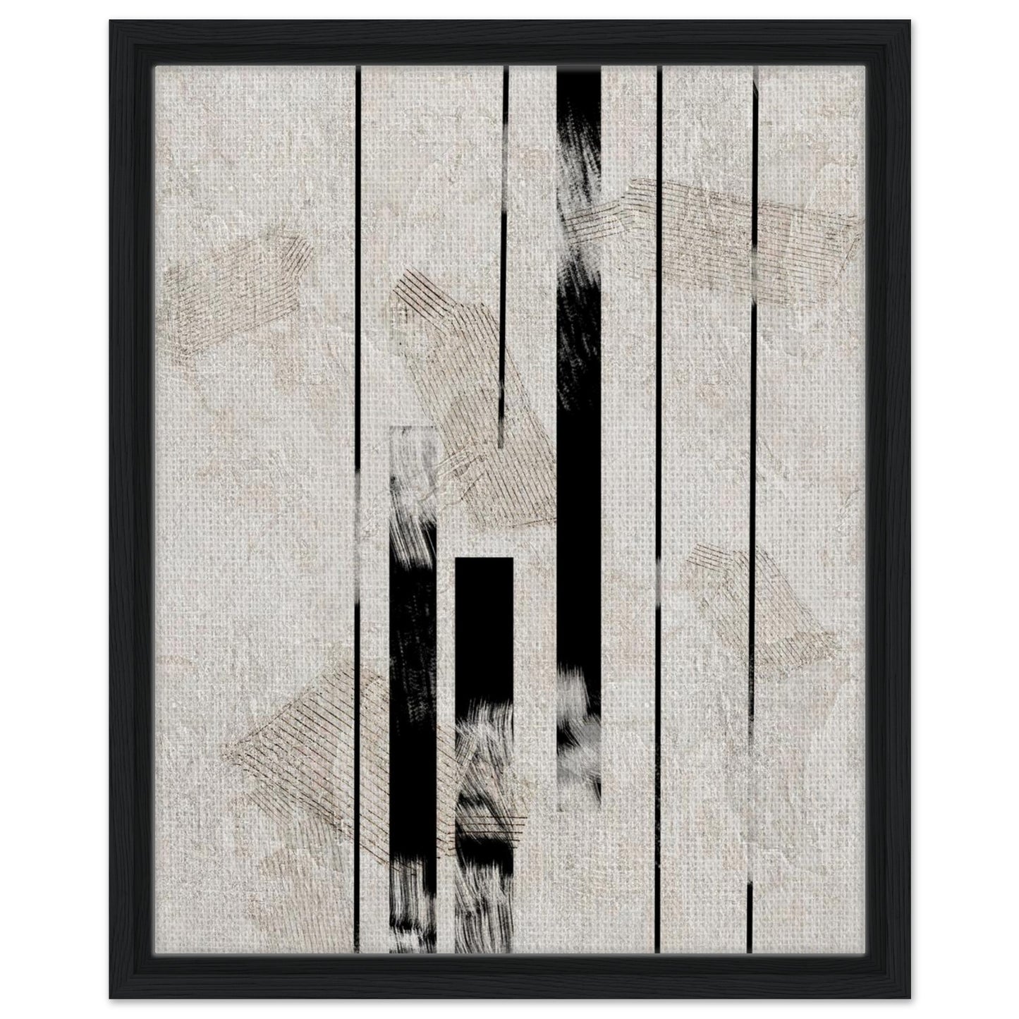 Architectural line artwork with layered beige textures in a dark wood frame