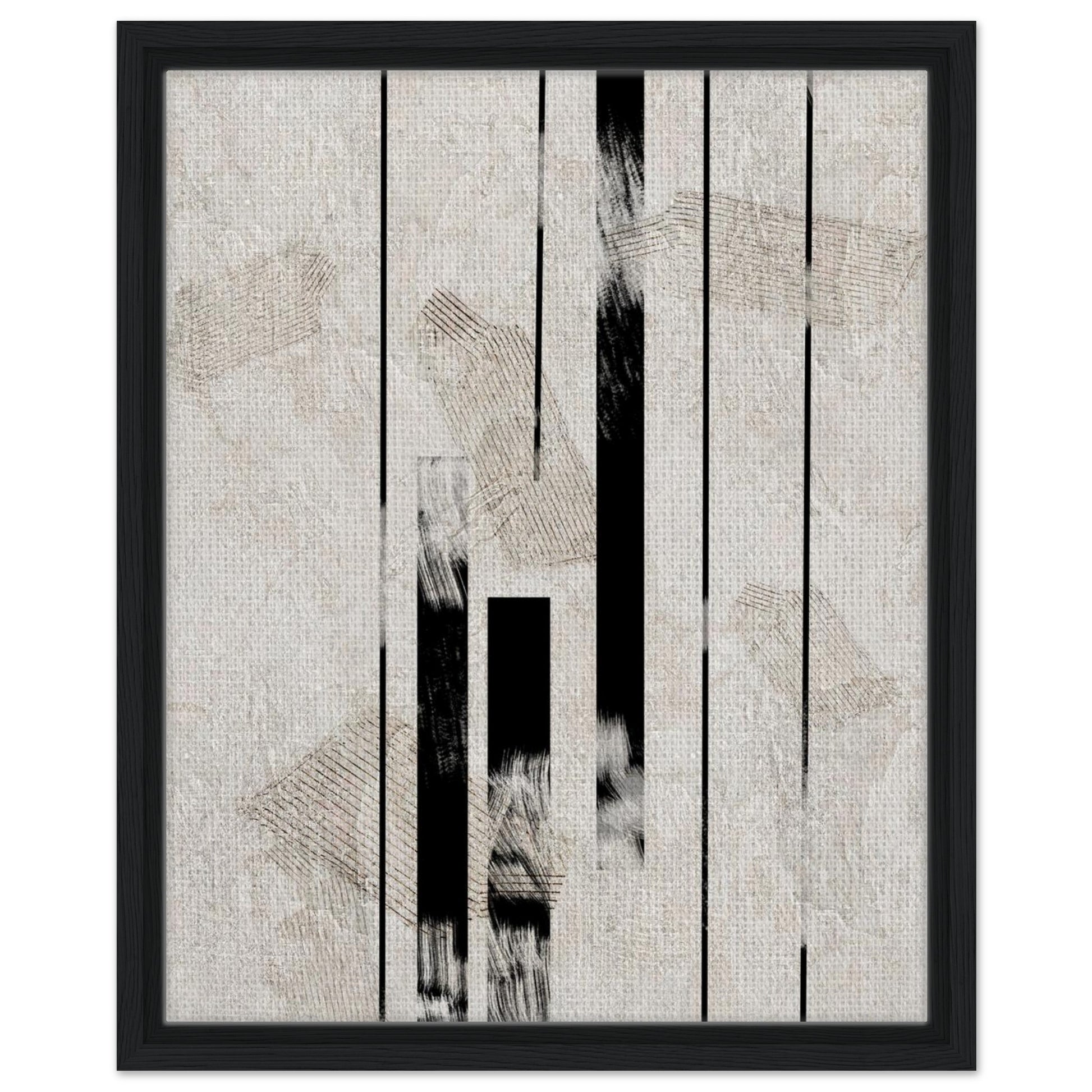 Architectural line artwork with layered beige textures in a dark wood frame
