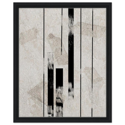 Architectural line artwork with layered beige textures in a dark wood frame