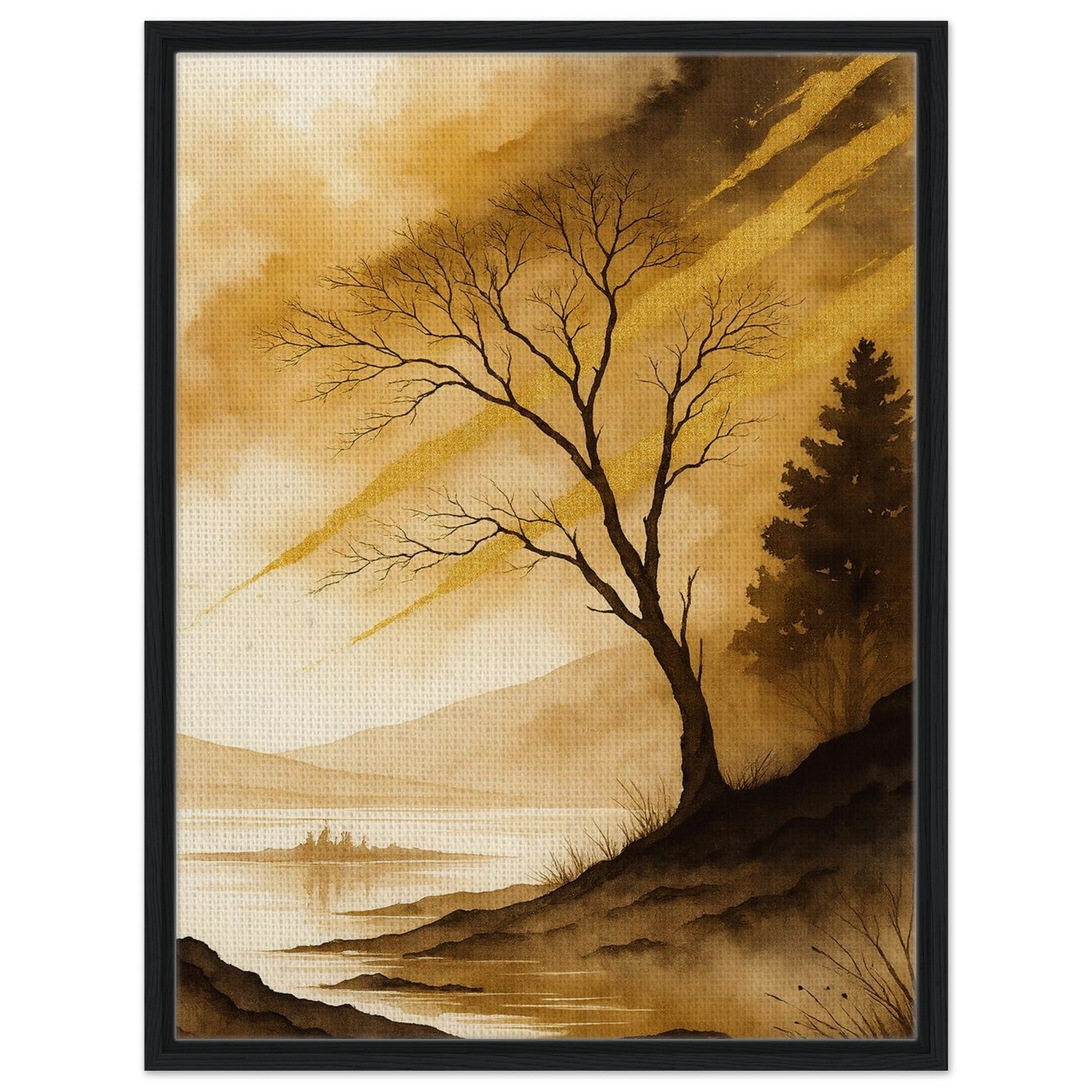 Atmospheric golden tree landscape with distant mountains and water in black frame