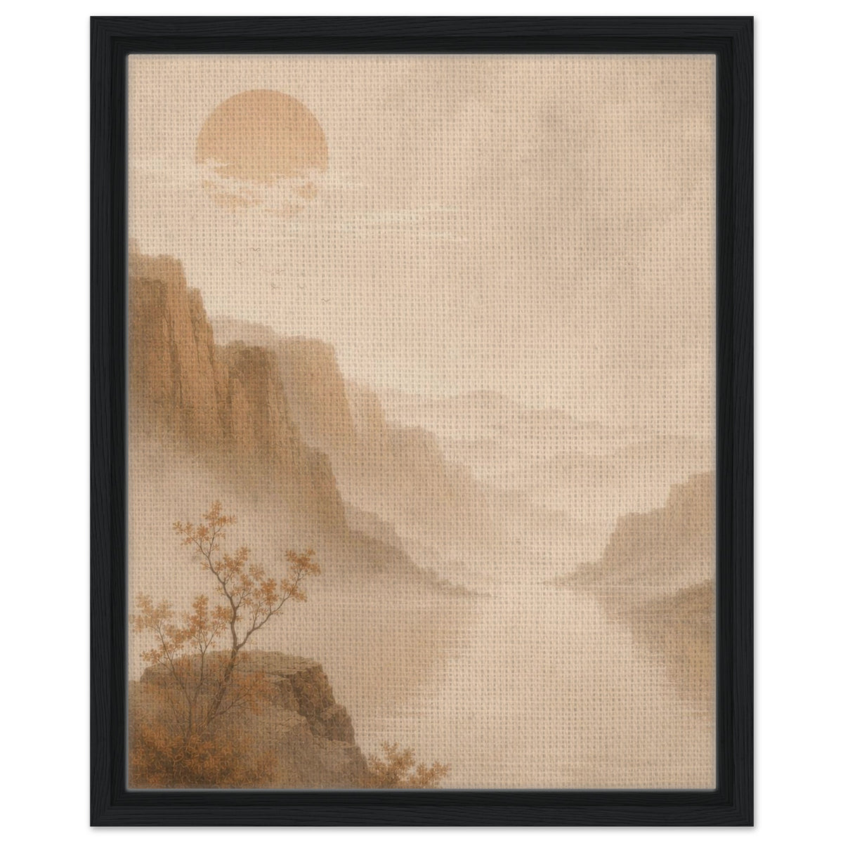 Atmospheric mountain landscape artwork with hazy valleys and warm sun in black frame
