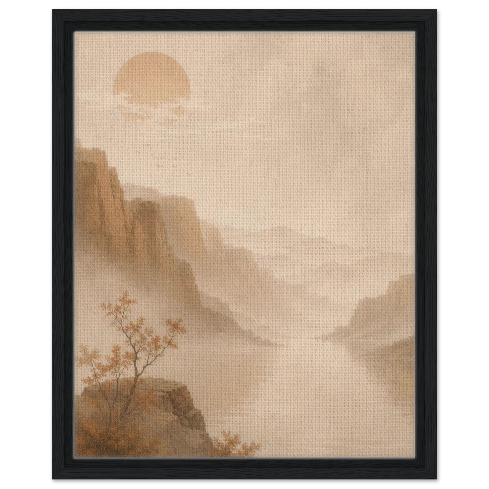 Atmospheric mountain landscape artwork with hazy valleys and warm sun in black frame