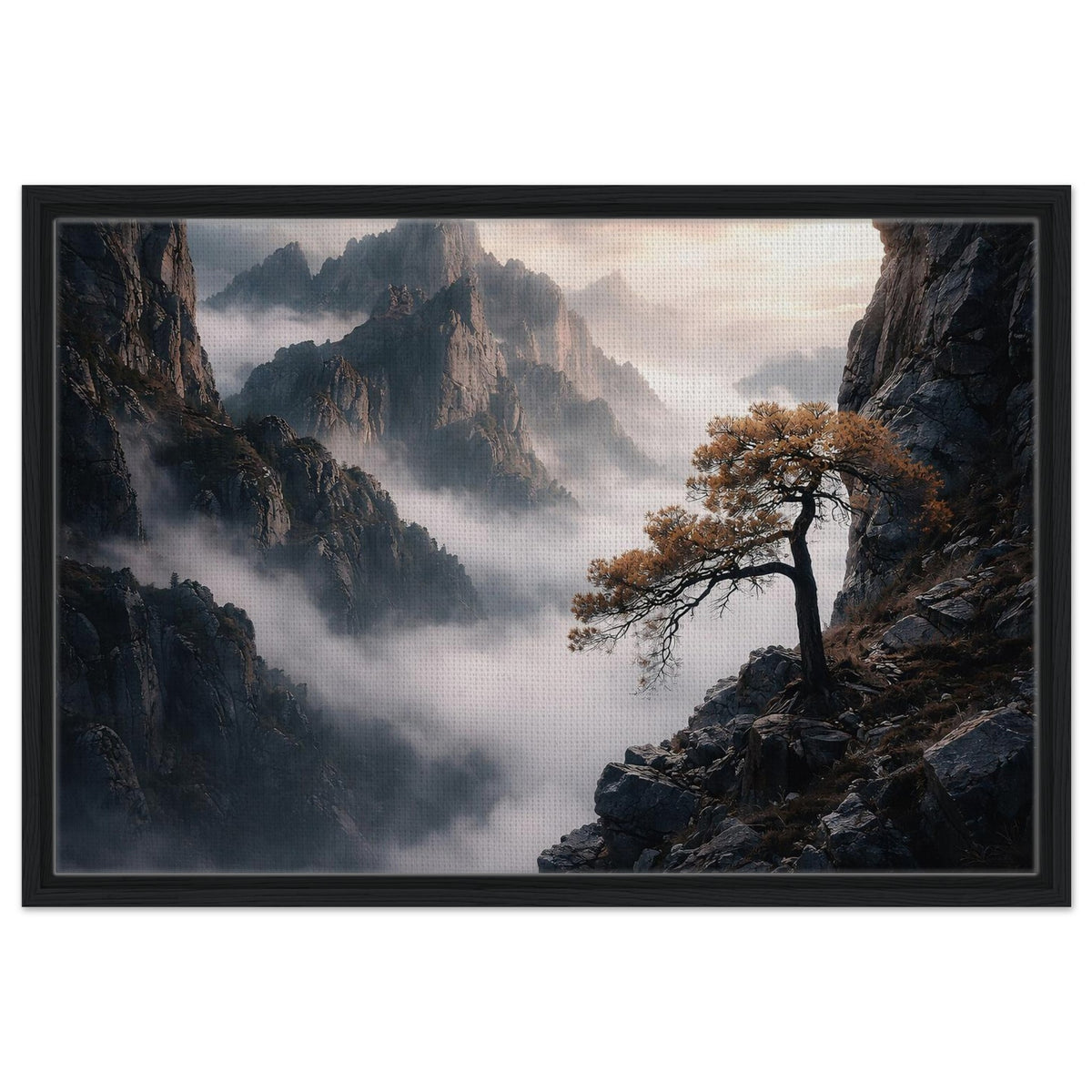 Atmospheric mountain landscape with layered mist and pine tree in a black frame