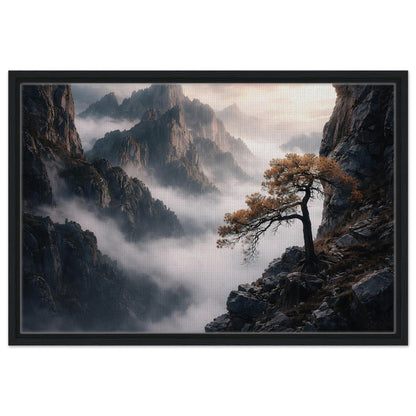 Atmospheric mountain landscape with layered mist and pine tree in a black frame
