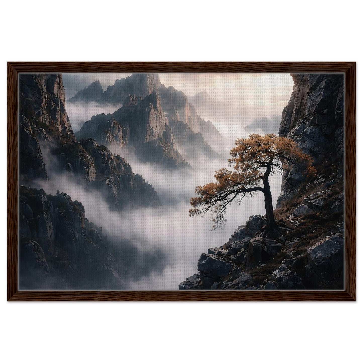 Atmospheric misty mountain landscape with pine tree in a dark wood frame