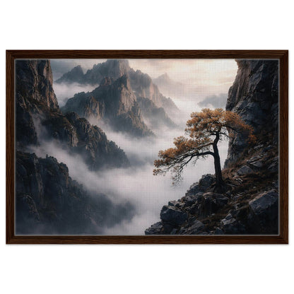 Atmospheric misty mountain landscape with pine tree in a dark wood frame