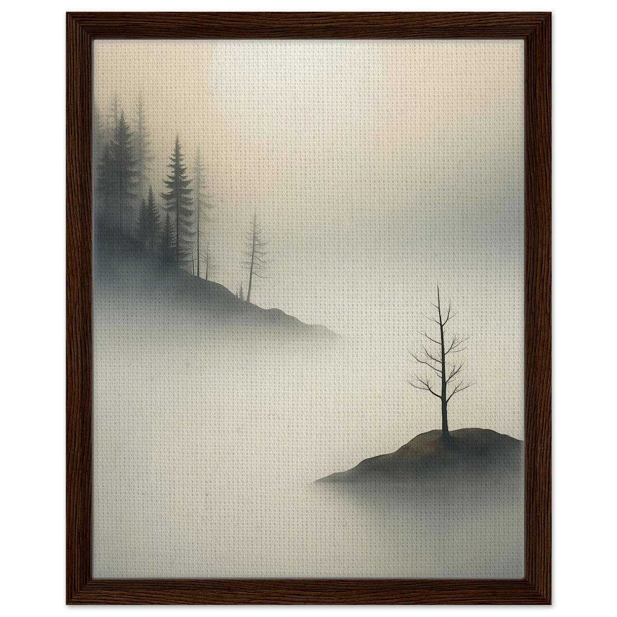 Atmospheric pine forest landscape fading into mist in a dark wood frame