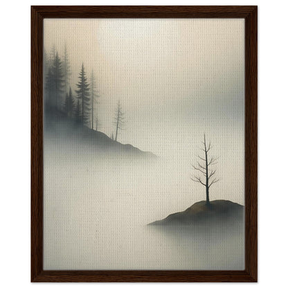 Atmospheric pine forest landscape fading into mist in a dark wood frame