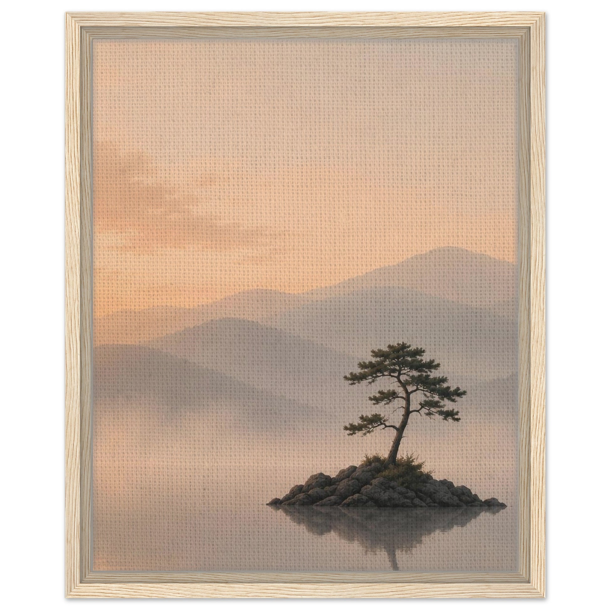 Atmospheric pine tree landscape with soft sunset sky and mountain mist in dark wood frame
