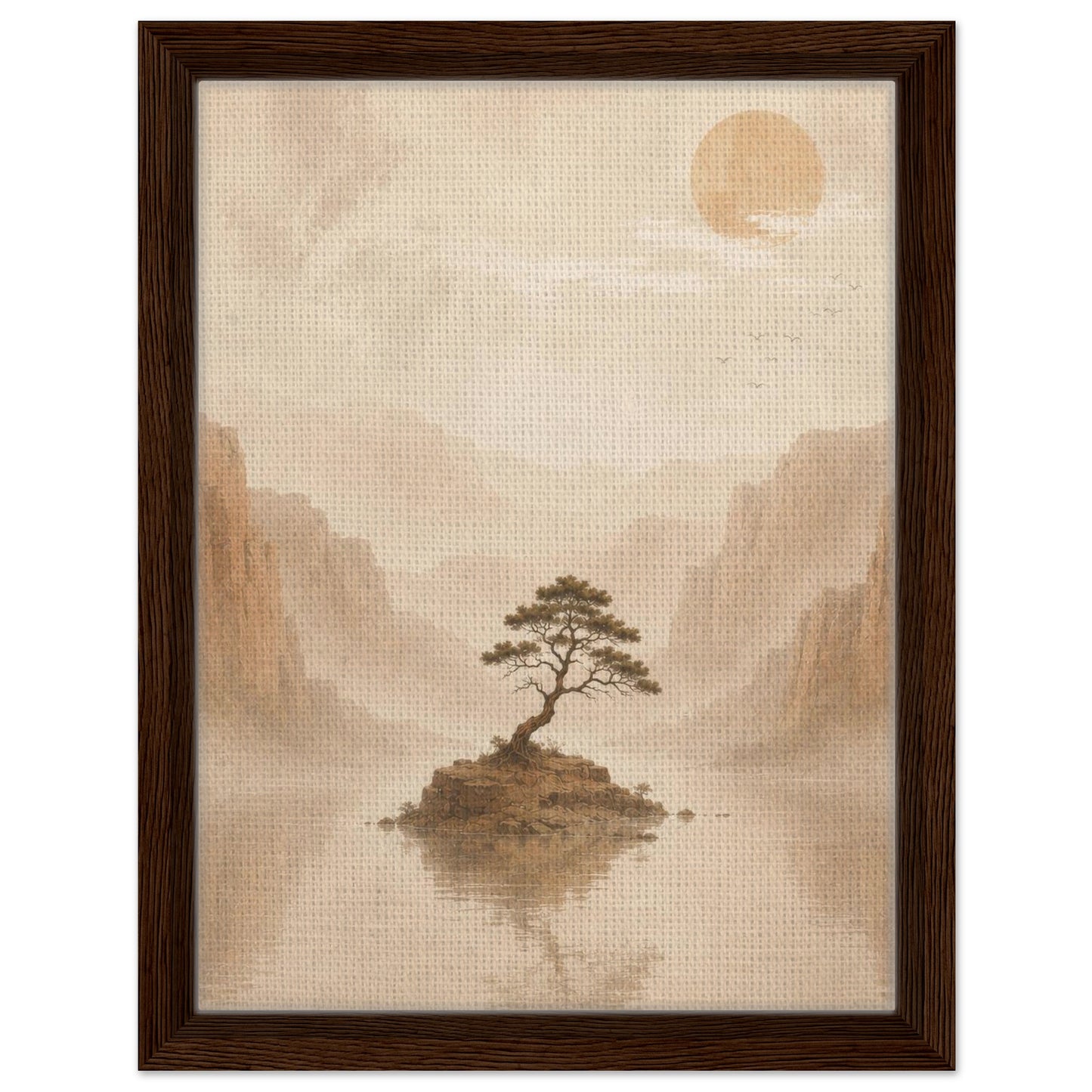 Atmospheric tree artwork surrounded by soft mist and layered mountains in black frame