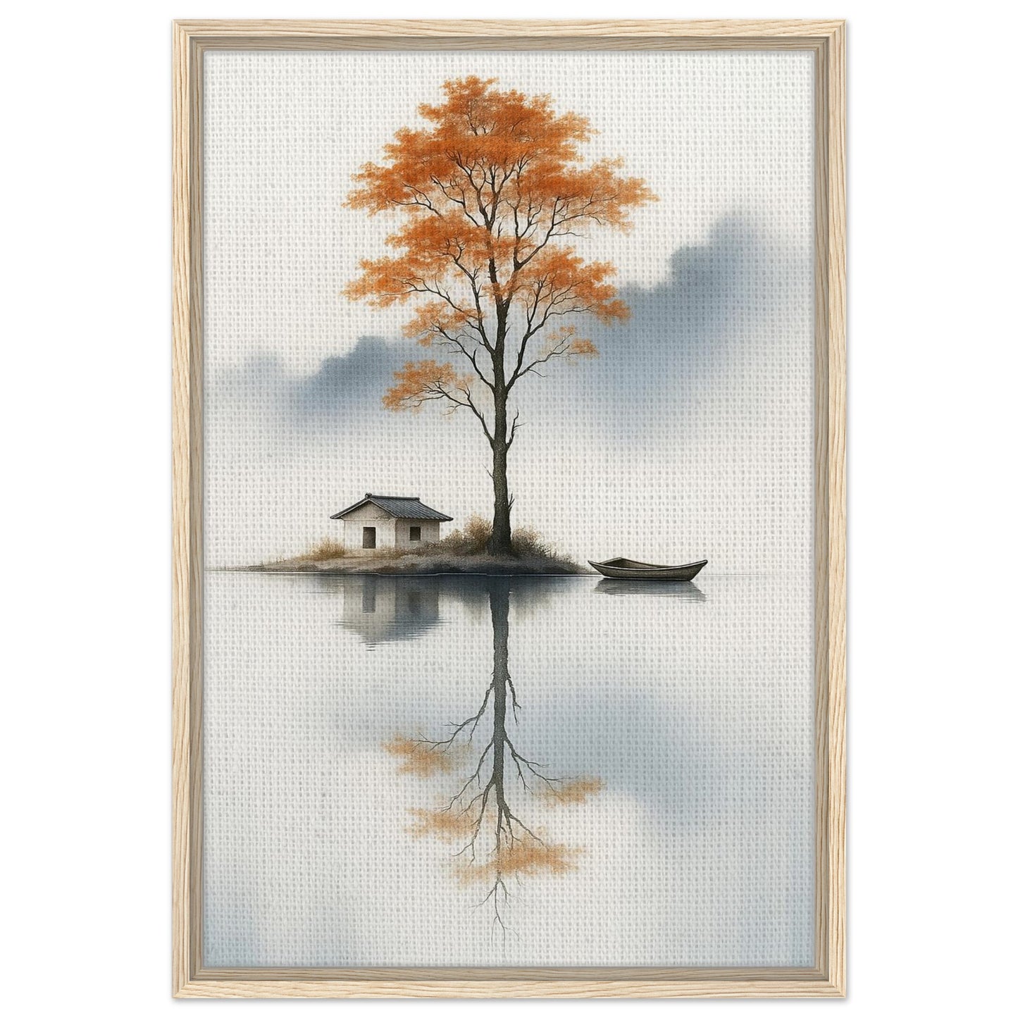 Autumn lake landscape with orange tree and mirrored reflection in black frame