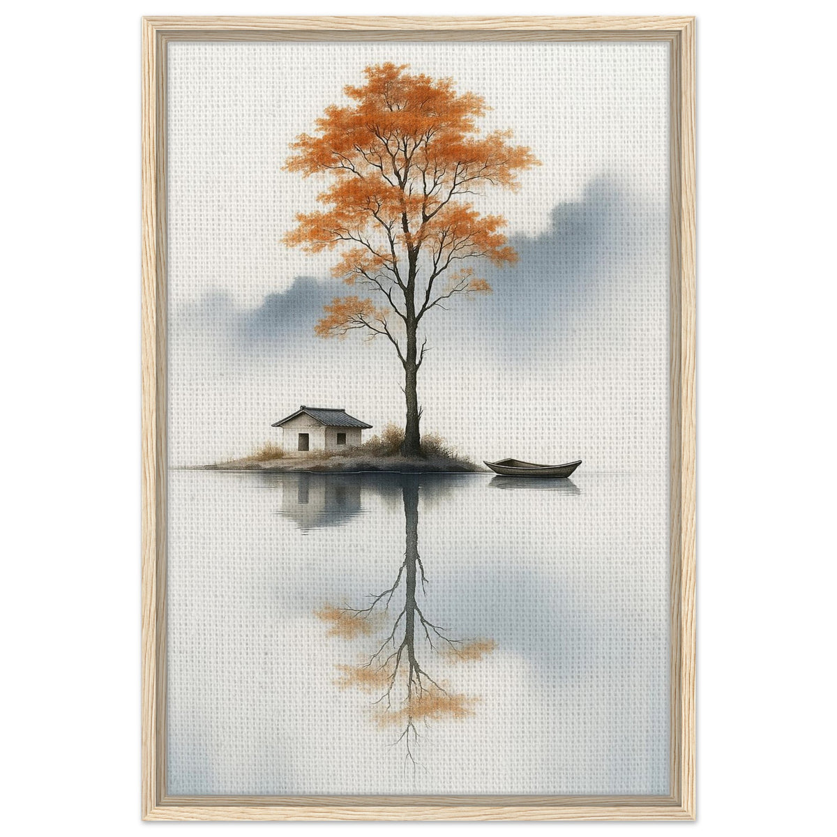 Autumn lake landscape with orange tree and mirrored reflection in black frame