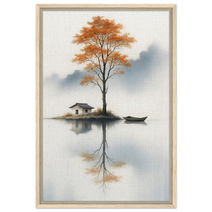Autumn lake landscape with orange tree and mirrored reflection in black frame