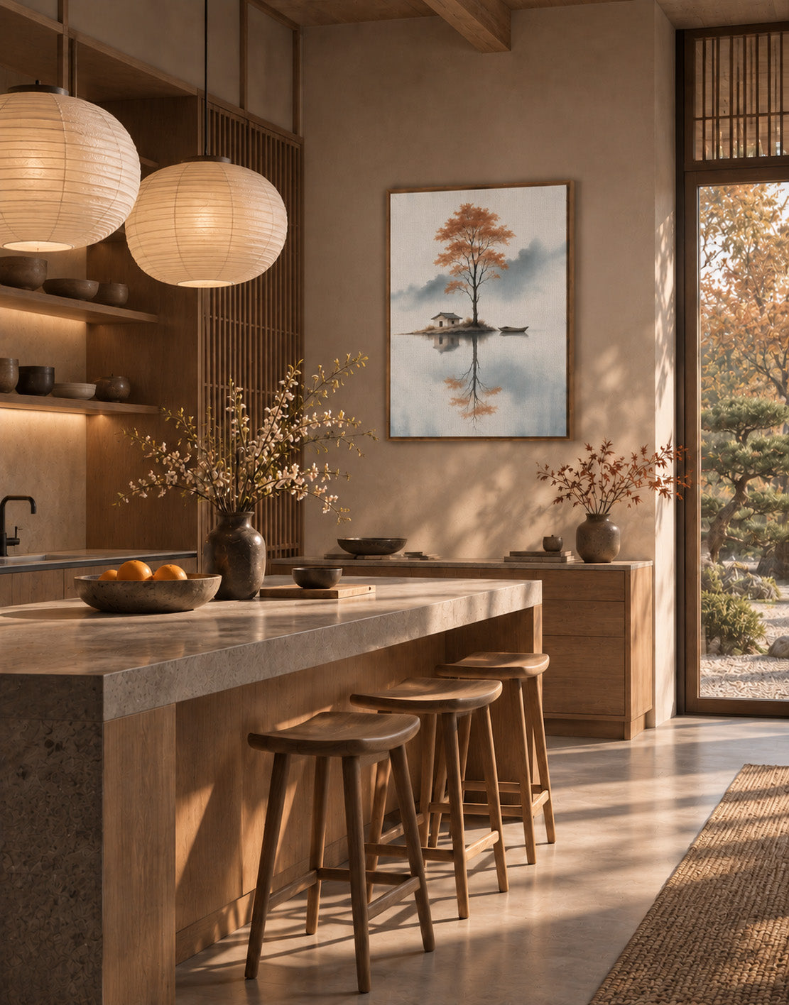 Autumn landscape artwork with orange tree and calm water styled in a modern dining room