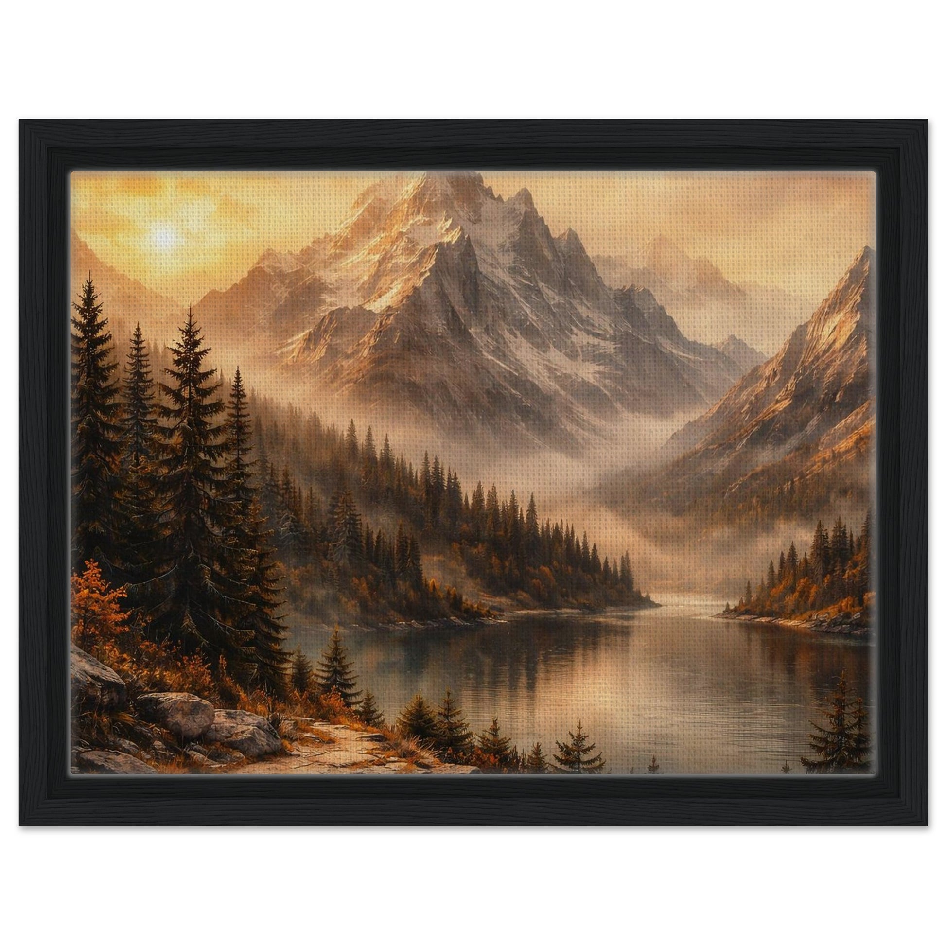 Autumn mountain lake landscape with dark pine forest and golden sky in a black frame