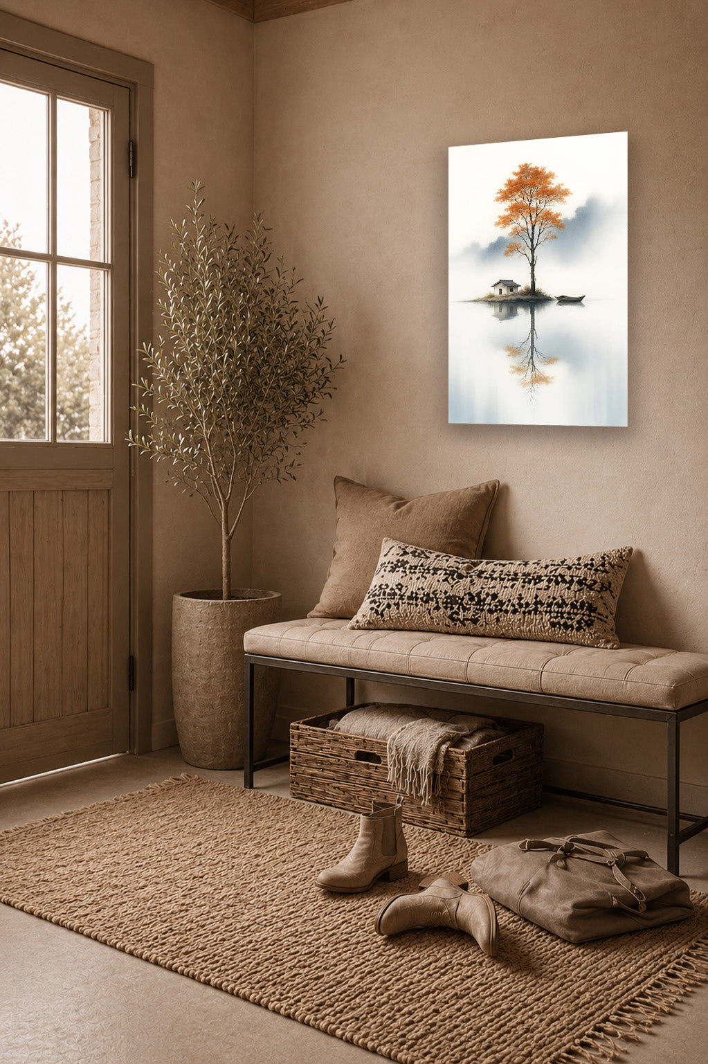 Autumn Refuge poster in a warm minimalist entryway with bench seating