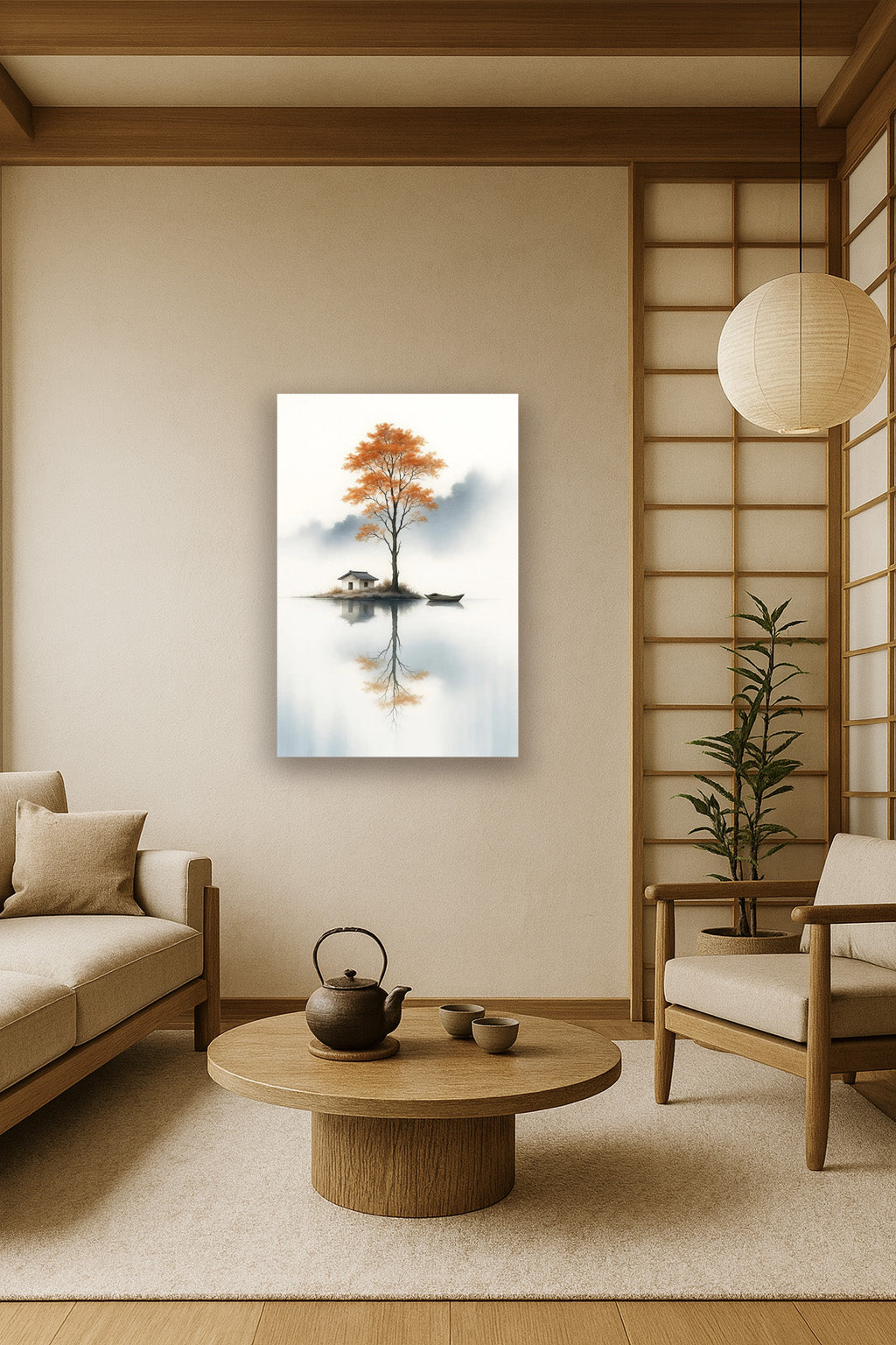 Autumn Refuge poster in a Japandi living room with natural wood decor